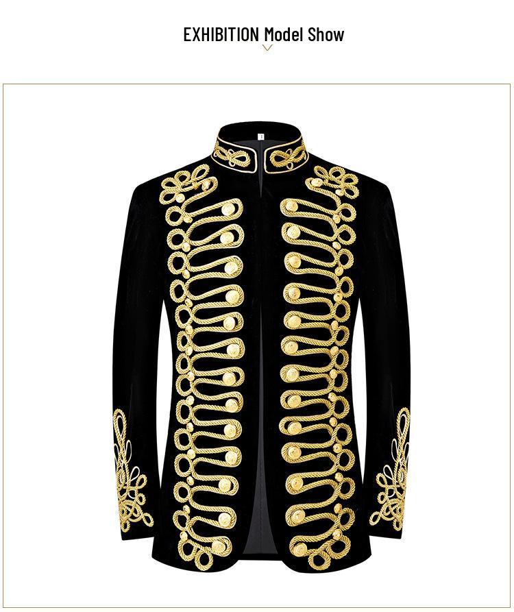 Men's Retro European Velvet Military Jacket with Gold Embroidery