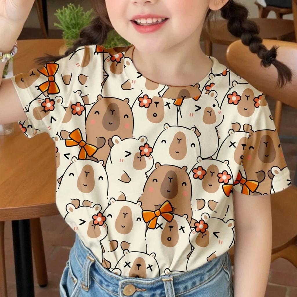 Summer Round Neck Cute Animal Pattern 3D Printed Top Fashionable Casual Short Sleeved Children's Girl T-shirts