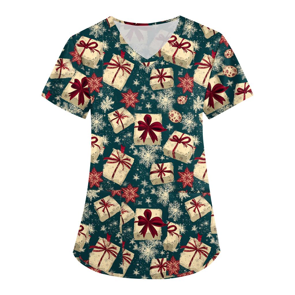 Women's Cute Bow Printed Work Clothes V-neck Double Layer Pockets Basic Short Sleeve Top Pullover