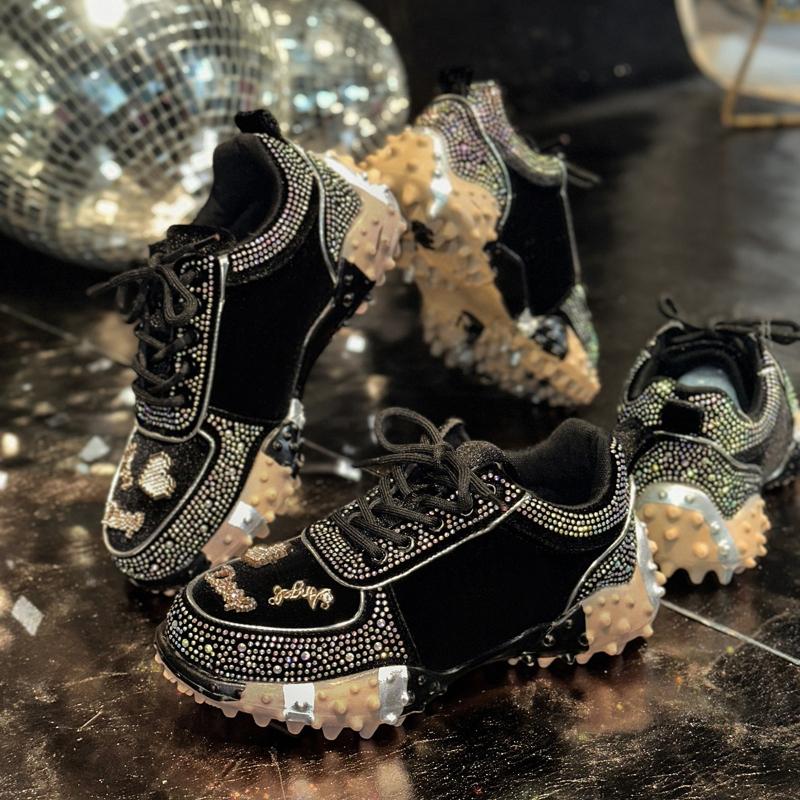 

Womens Water Diamond Sports Shoes Crystal Suede Luxury Designer Casual Shoes Thick Soled Non-slip Vulcanized Shoes Mujer 35