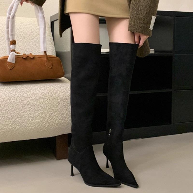 Over-the-knee Boots for Women, Two Wearing Large Tube Circumference, New Suede Pointed Stiletto High Heel Pleated Piled Boots In Autumn and Winter 20