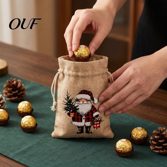Portable Fabric Gift Holders Christmas Drawstring Bags, Small Festive Prints Burlap Treat Pouches for Durable Polyester Candy Jewelry And Party