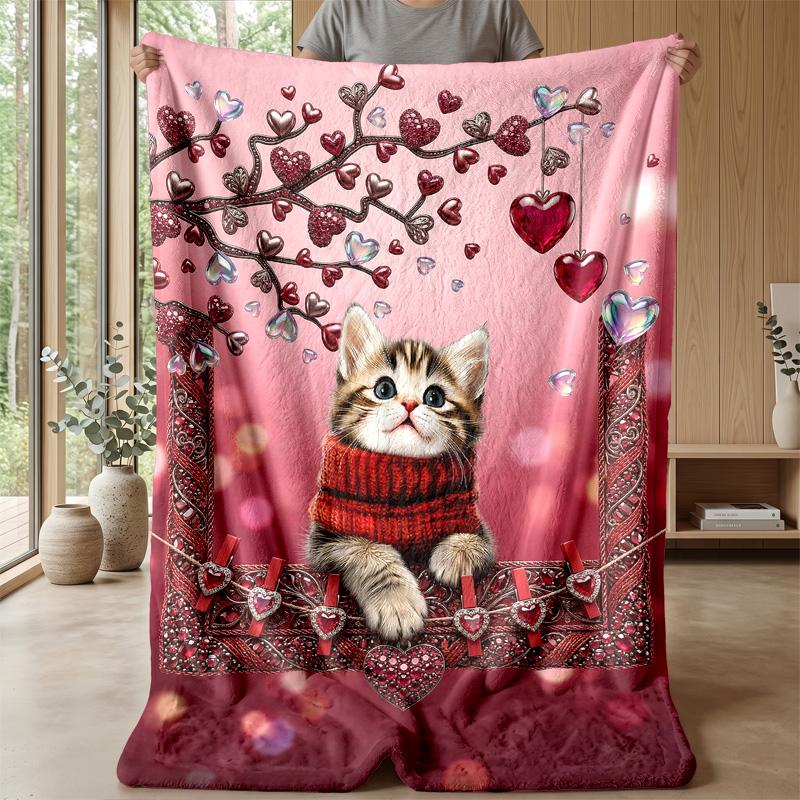 Kitten in Valentine s Frame Theme blanket Lightweight Warm Flannel Blanket Decorative Throw Blanket for Home Decoration