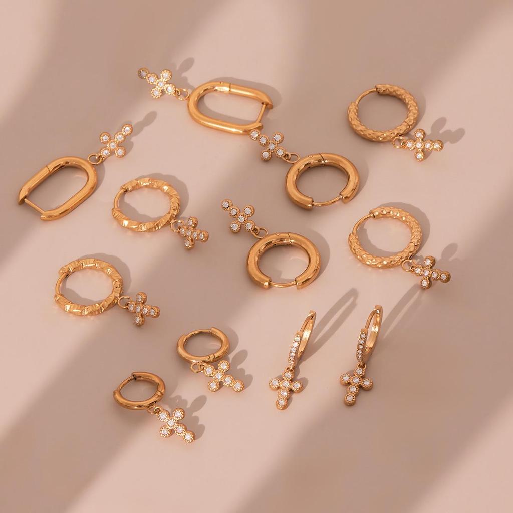 18k Gold-Plated Stainless Steel Zircon Cross Earrings – Minimalist Luxury Style
