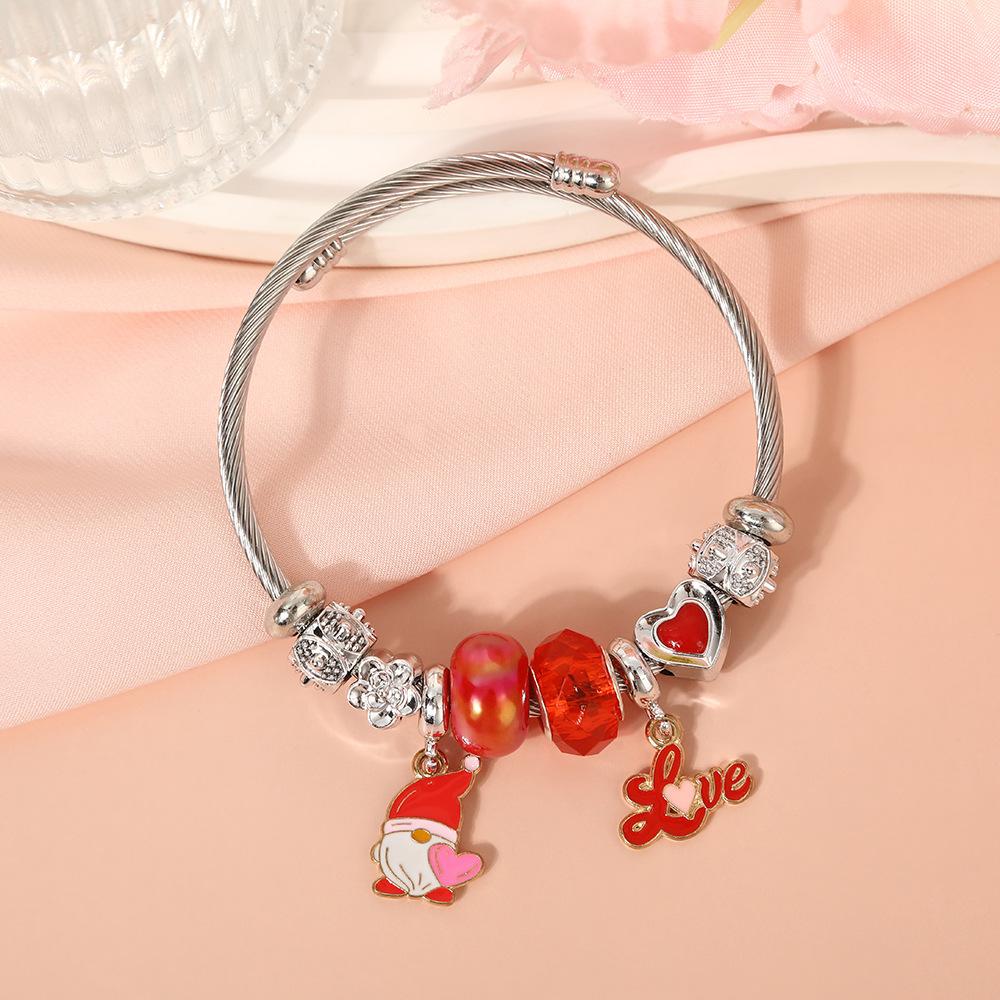 Cute Cartoon Bear Angel Heart Beaded Bracelet Stainless Steel Valentine Gift for Her Girlfriend Women