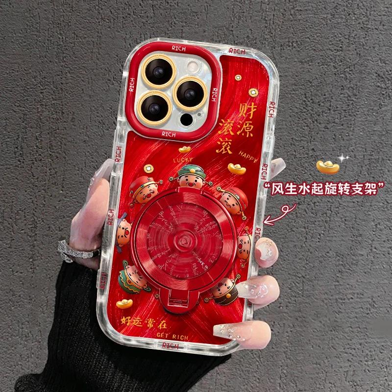 New Year's red wind and water bracket is suitable for Apple 16/17 mobile phone case IP15 puff feather yarn 14/13 all-inclusive 12