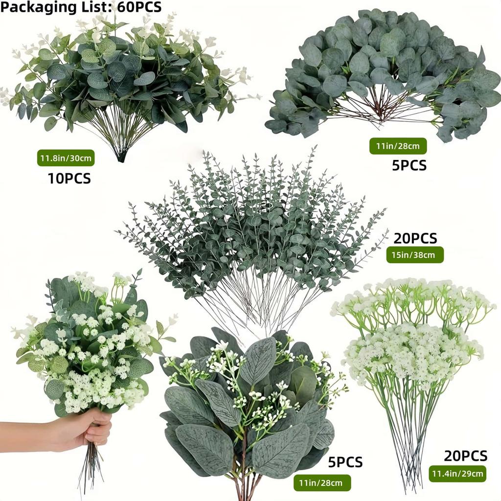 20/40/60pcs Mix Eucalyptus Leaves Stems Bulk Artificial Eucalyptus Leaves Artificial Green Plant Set for Wedding Home Gift Decor