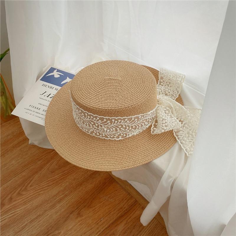 Flat Top Straw Hat Strapped Women's Summer Visor, Satin Versatile Straw Fashion Top Hat, Seaside Beach Hat