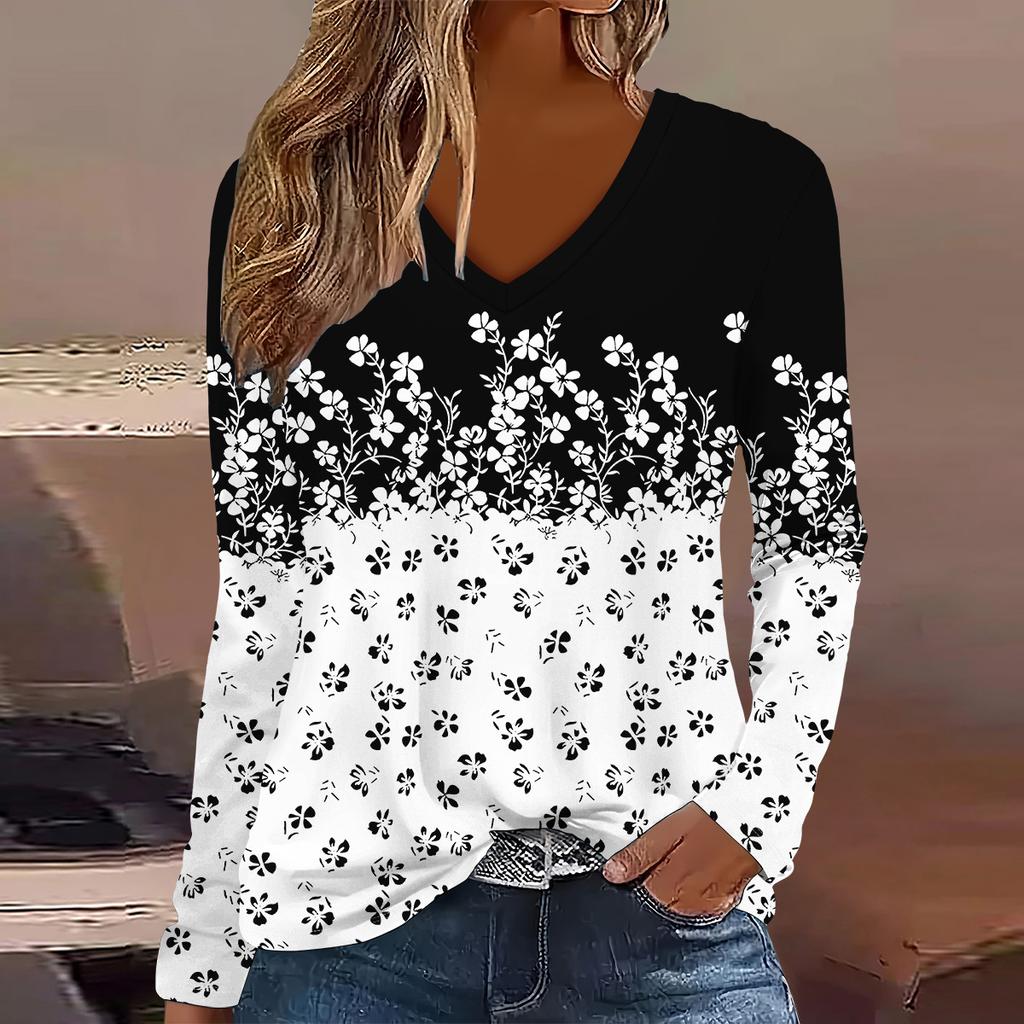 Europäische und amerikanische Mode Damen Elegantes V-Ausschnitt Langarm T-Shirt