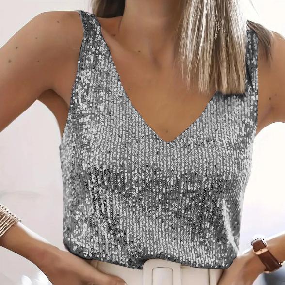 Women‘s Summer Deep V-Neck Sequined Tank Top Stylish Sleeveless Top Sparkly Club Party Vest Blouses