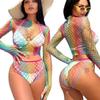 Hot New Fishnet Mesh Tights Erotic Nightwear Lingerie Long Sleeve Top & Skirt Set Hollow Out Rainbow Fishnet Mesh Bodystockings