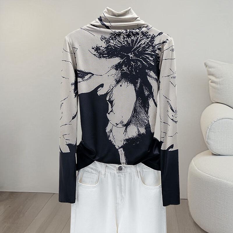 Women s Printed Fleece-Lined Semi-High Collar Long Sleeve Top L