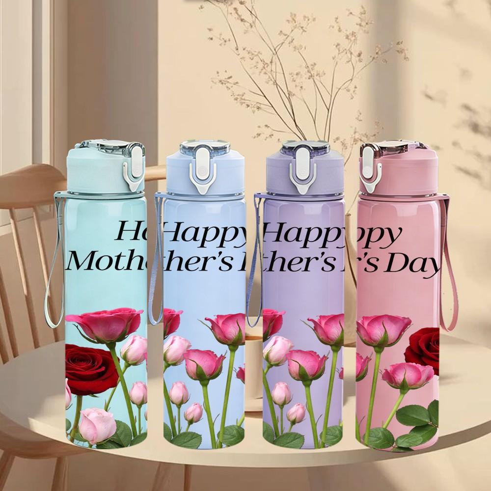 1PC Happy Mothers Day Red Rose Print 750ml Color Plastic Sports Water Bottle Leakproof Flip Straw Lid Suitable for Sports Office Home Use