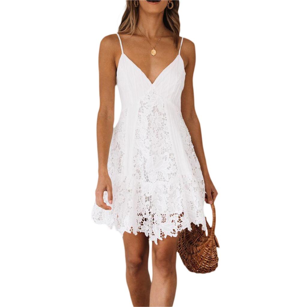 FASHION Women Sling Dress Spaghetti Straps V-Neck Lace Solid Summer Mini Thin Shoulder Strap Dress for Club Party