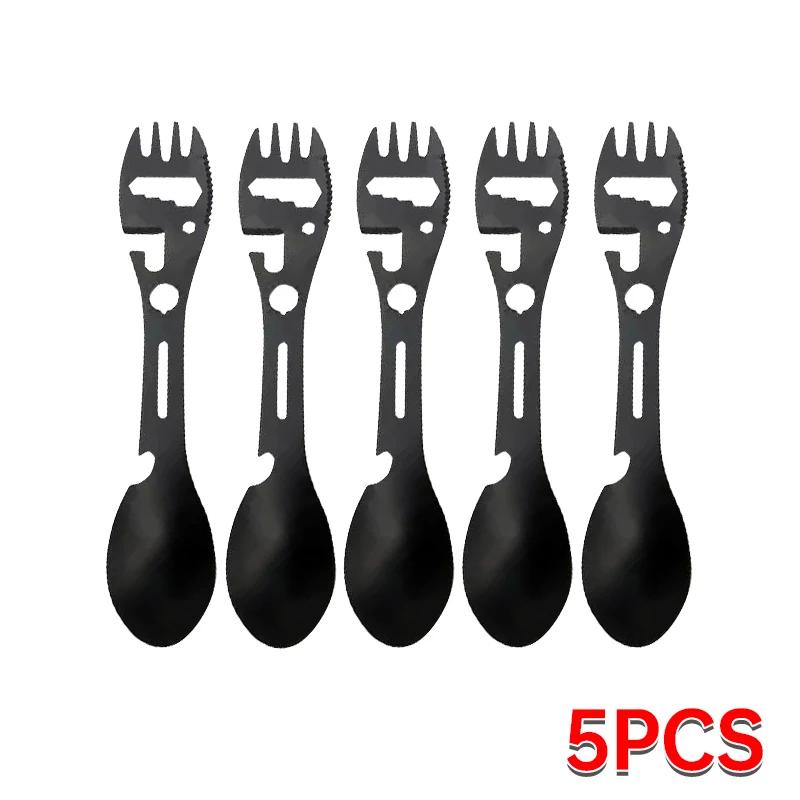 5PCS Outdoor Camping 5-in-1 Multi-functional Survival Tool, Lightweight EDC Set, Practical Fork, Knife, Spoon, Can Opener