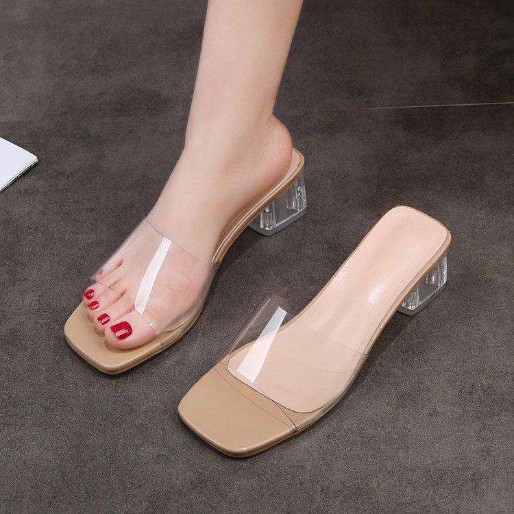 

Crystal slippers women s new high-heeled transparent non-slip thick-heeled cool slippers one-word drag 34