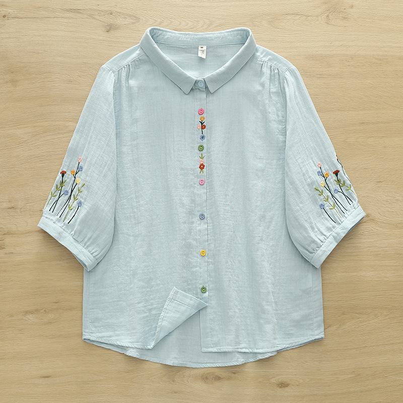 Artistic and fresh breathable cotton gauze turn-down collar short-sleeve shirt for women, casual summer double-layer gauze top