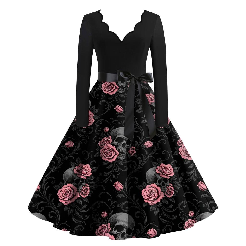 Abito Casual da Donna con Scollo a V e Maniche Lunghe con Stampa Vintage per Outfit da Festa Retro di Halloween