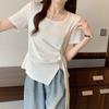 Irregular summer bottoming shirt large size women's short drawstring T-shirt short sleeve T-shirt round neck niche v-neck strap French