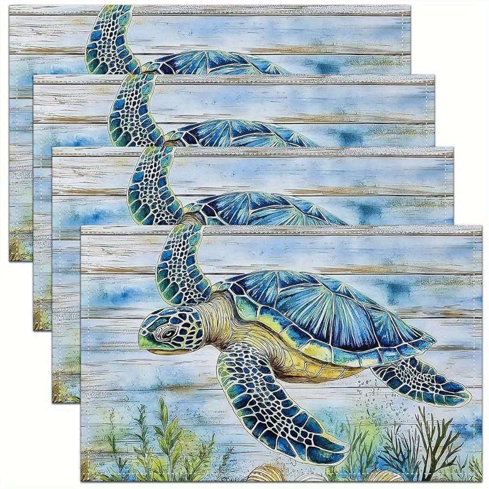 

Sea Turtle Placemats Set of 4 Ocean Theme Wooden Background Table Mats Linen Decor Beach House Coastal Style Tableware 4Pcs-30X45cm(12X18in