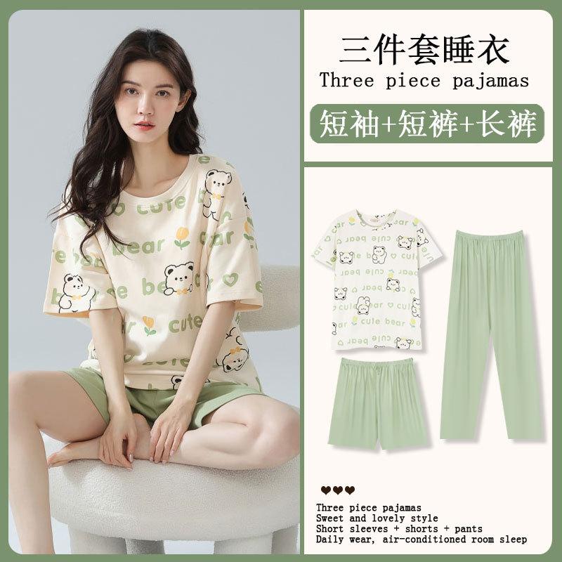 Summer Korean Sweet Pajamas Women's Crew Neck Short-sleeved Three-piece Comfortable Women's Loungewear Spot Straight Hair