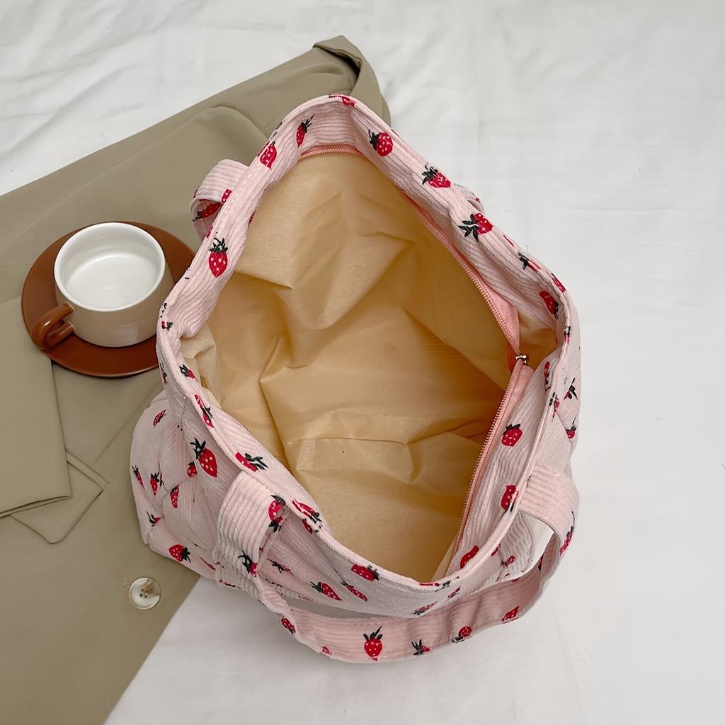 Pink Strawberry Pattern Corduroy Women'S Handbag - Casual Style, Fixed Shoulder Strap, Zipper Closure, Perfect for Work, Shopping Casual Handbag