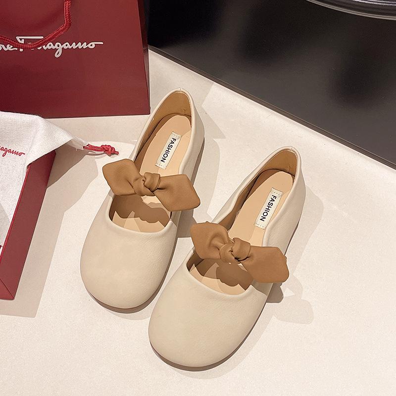 

French gentle flat Mary Jane single shoes women s 2025 new spring bow shallow mouth comfortable soft sole beanie shoes 35