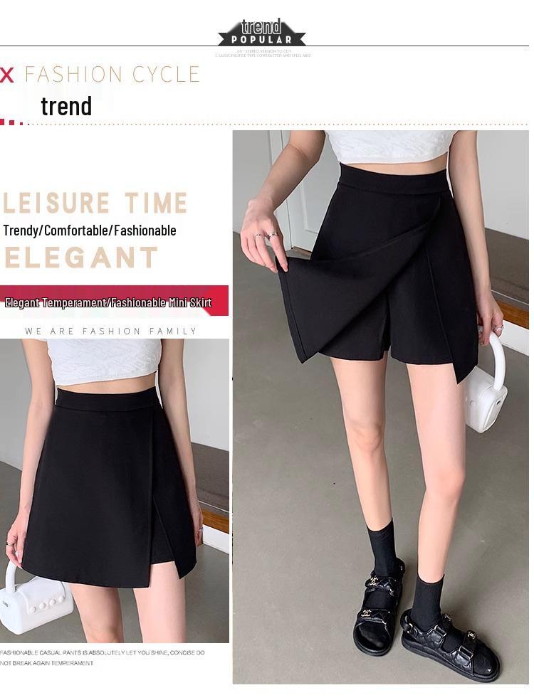 2025 Summer High-Waist Black A-line Midi Skirt - Slimming Plus Size, Hip-Hugging Design with Slit for Women
