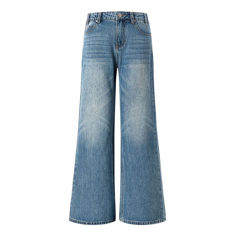 Spring Summer Vintage Blue Embroidery Relaxed Micro Flare Wide Leg Denim Pants For Ladies Casual Pants Oversize Denim Trousers