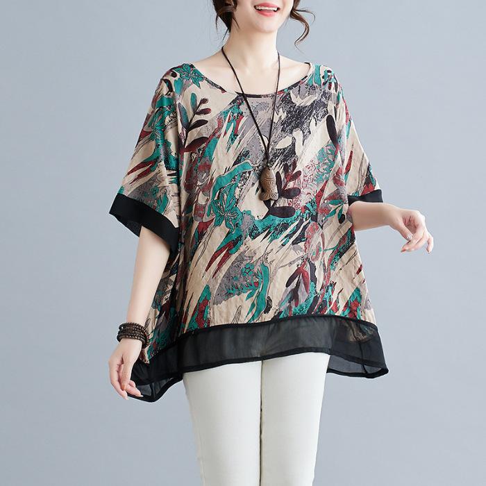 

Футболка большого размера из хлопка и льна для женщин, летняя, новый стиль, литературный принт, свободная, с принтом мяса, повседневная, универсальная, с круглым вырезом и короткими рукавами XL