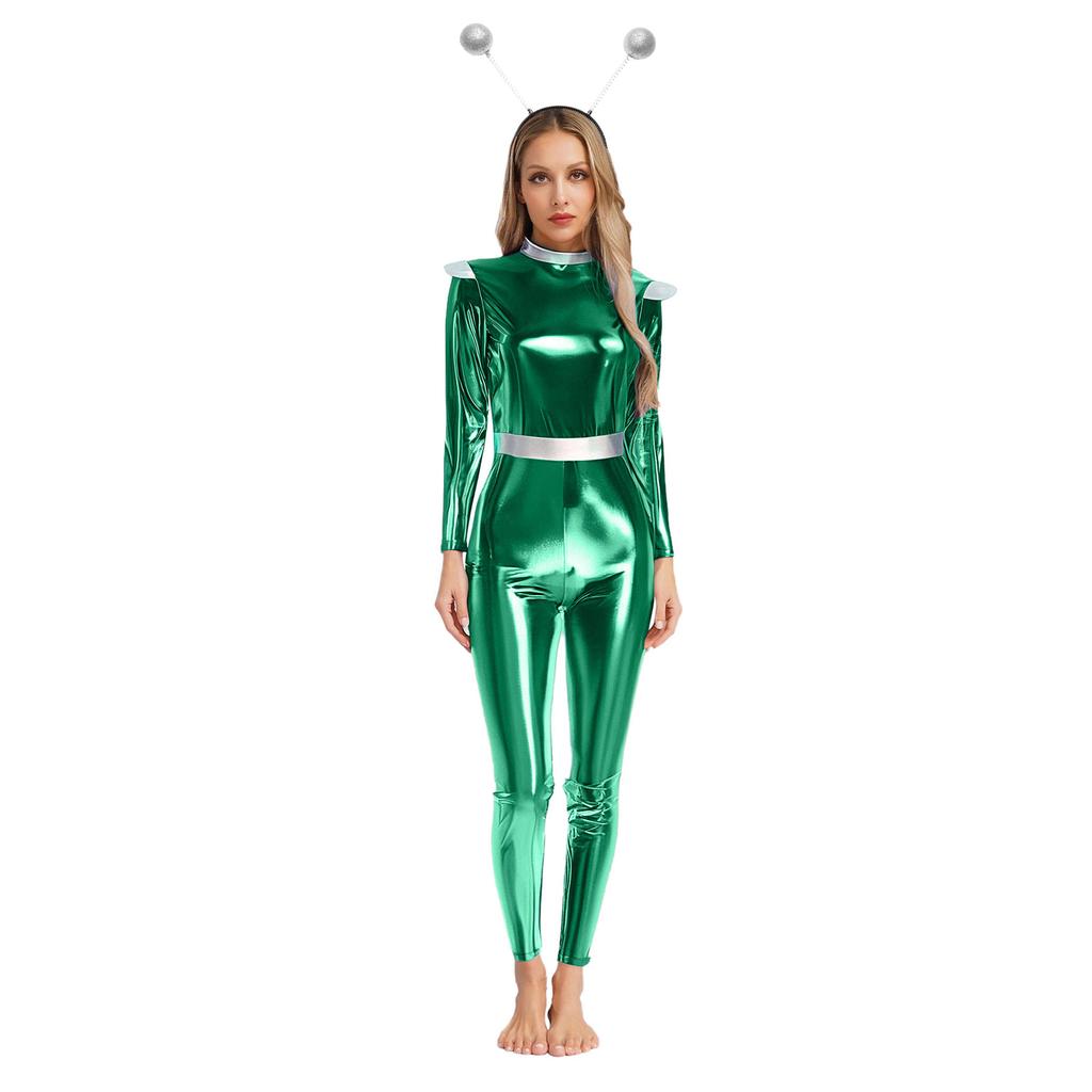Womens Alien Robot Astronaut Cosplay Costume Metallic Shiny Full Body Unitard Long Sleeve Jumpsuit