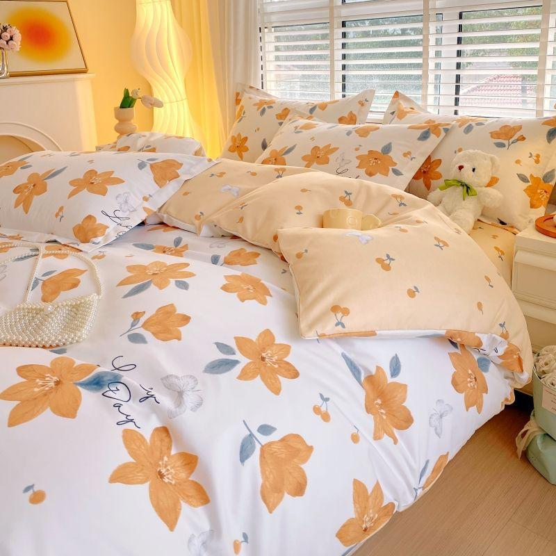 Thickened Pure Abraded Four-piece Set, Single Double Skin-friendly Twill Bed Sheet, Quilt Cover, Dormitory Three-piece Set, Bedding