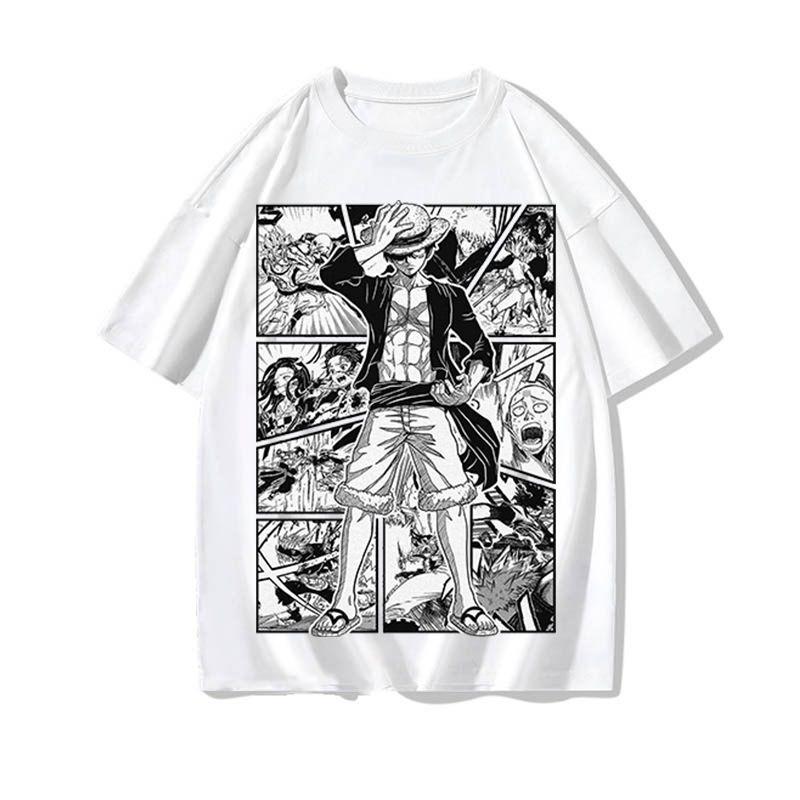 ONE PIECE Joint T-shirt Men's Straw Hat Kid Luffy Retro Printed Short-sleeved Summer Cotton Top Trendy Short T Men and Women