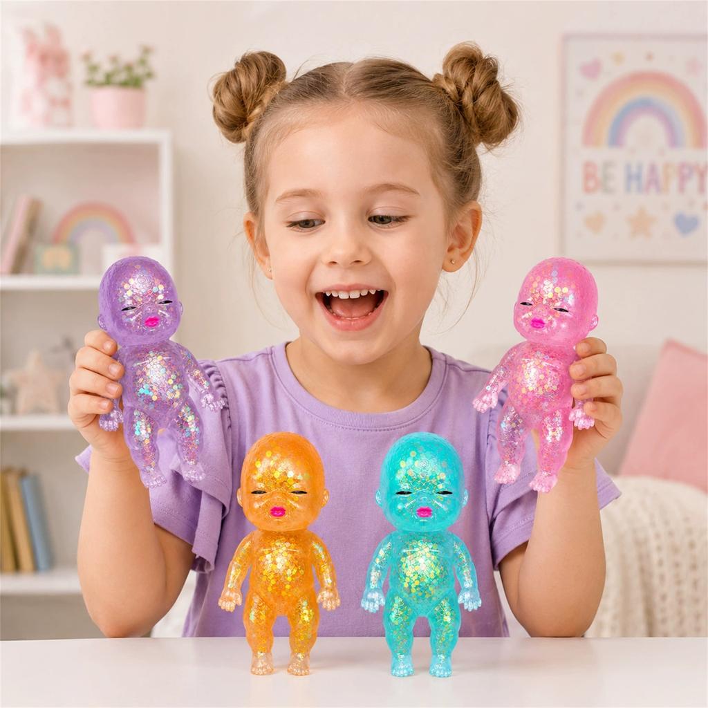 11cm Soft Squeeze Doll Toy with Sparkling Glitter Inside Stress Relief Toy for Kids and Adults Flexible Sensory Fidget Toy for Anxiety and Focus