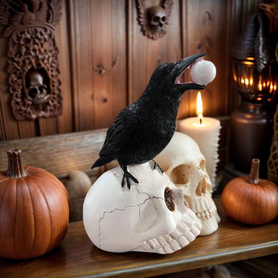Yousheng Raven on Skull Halloween Home Decor, Gothic Crow on Skull Statue, Bird Perching on Skeleton Figurine, Macabre Ossuary