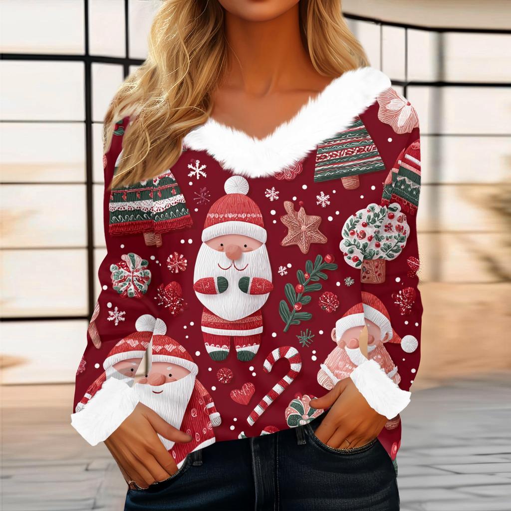 Women's Casual Fashion Long Sleeve Christmas Printed Flannel Collar Top