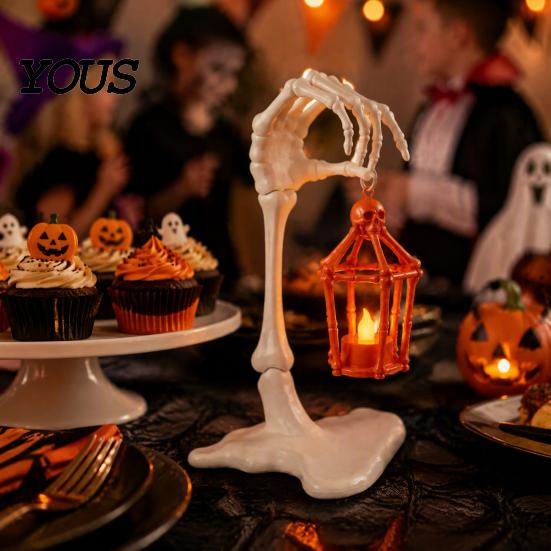 Battery Operated Flickering Light Skeleton Arm Lantern, 3D Printed Halloween Hand Holding Up Lantern Portable Table Centerpiece with LED Candle