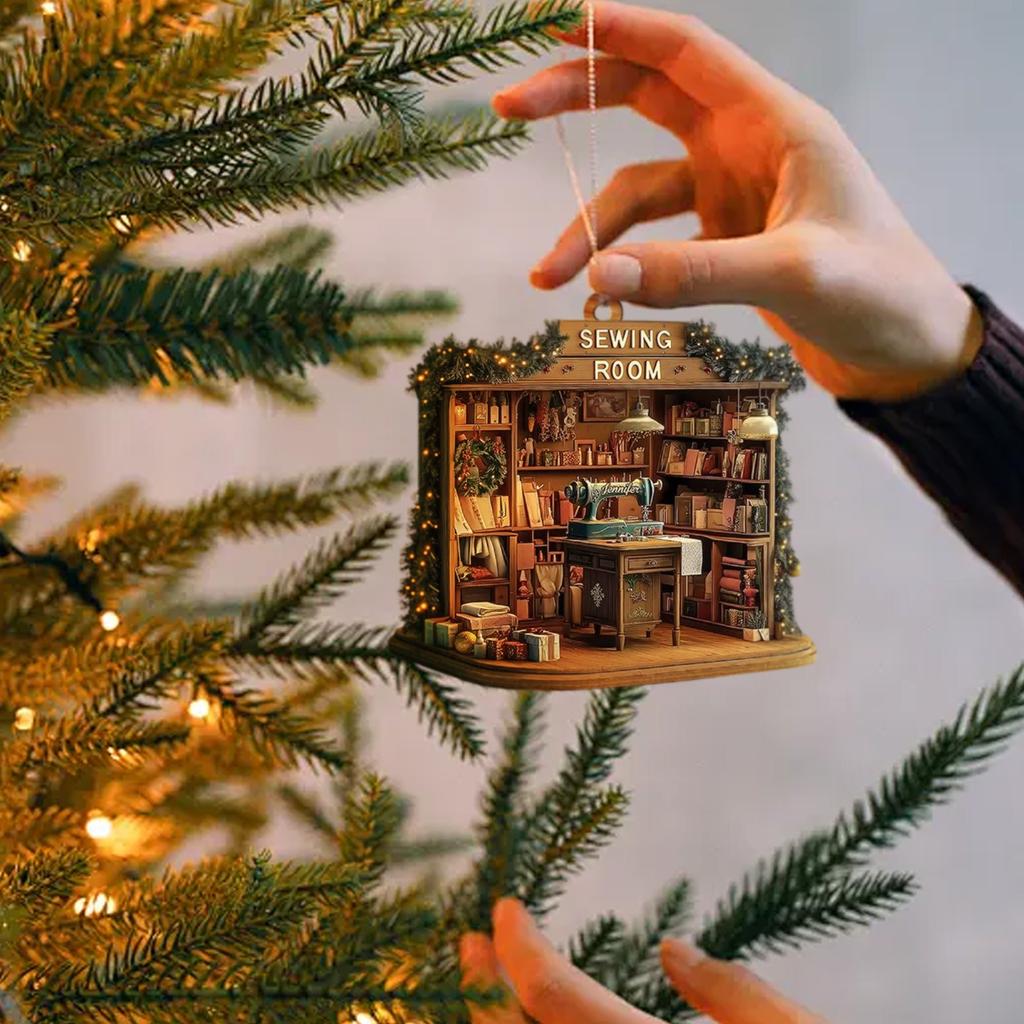 Vánoční akrylová ozdoba Grafický design Šicí pokoj Ozdoba na vánoční stromeček Vintage šicí stroj Ozdoba Dárky do punčochy