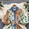 Summer Elegant Midi Patchwork Dress for Women Lapel 3/4 Sleeve Wave Point Breasted Female Design Vestidos New In 2024 Chic