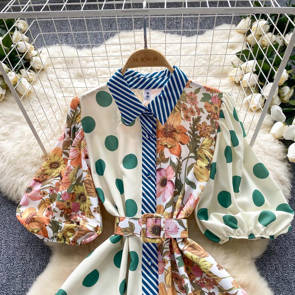 Summer Elegant Midi Patchwork Dress for Women Lapel 3/4 Sleeve Wave Point Breasted Female Design Vestidos New In 2024 Chic
