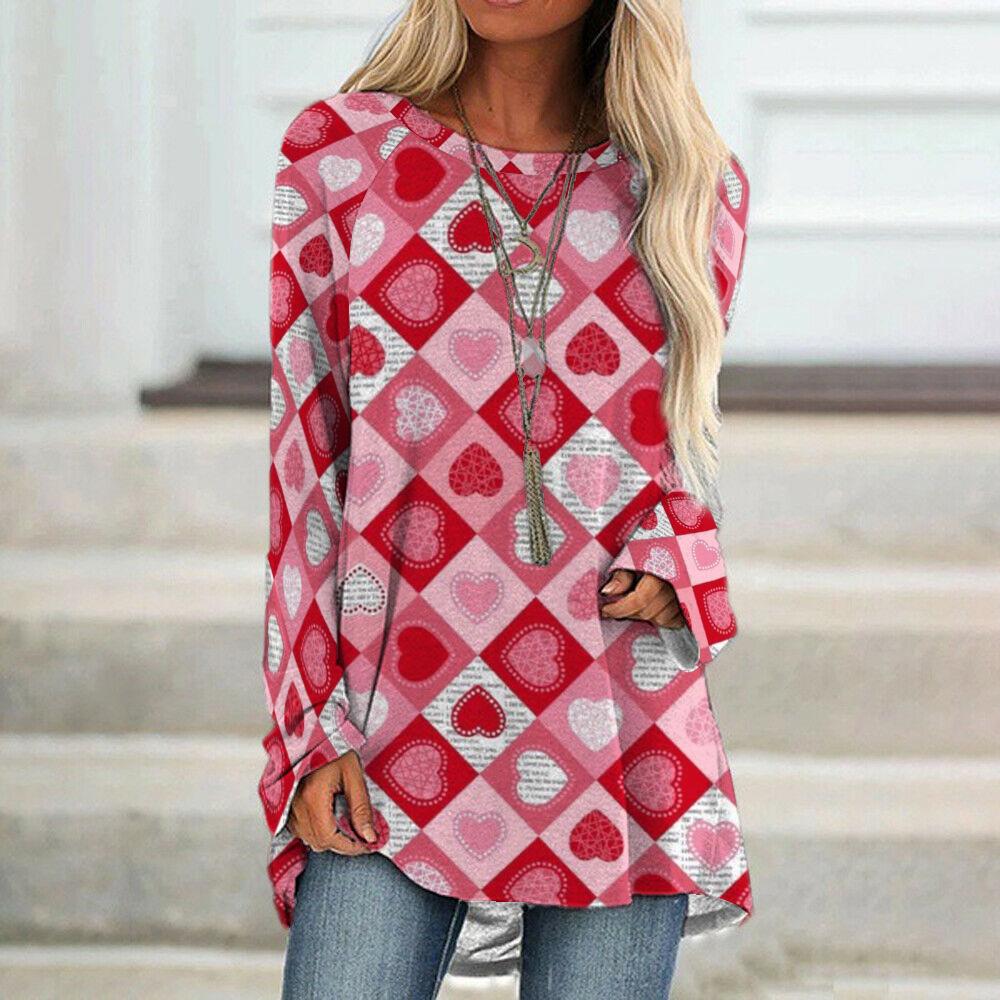 

2024 Весна и осень Женский круглый вырез пуловер Мягкий и удобный искусственный хлопок пуловер с принтом сердца Топ Большой размер Y2k 6XL