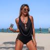Women Swimsuit Deep V Neck with Adjustable Side Lace Up Strappy Backless Design for Beach Pool