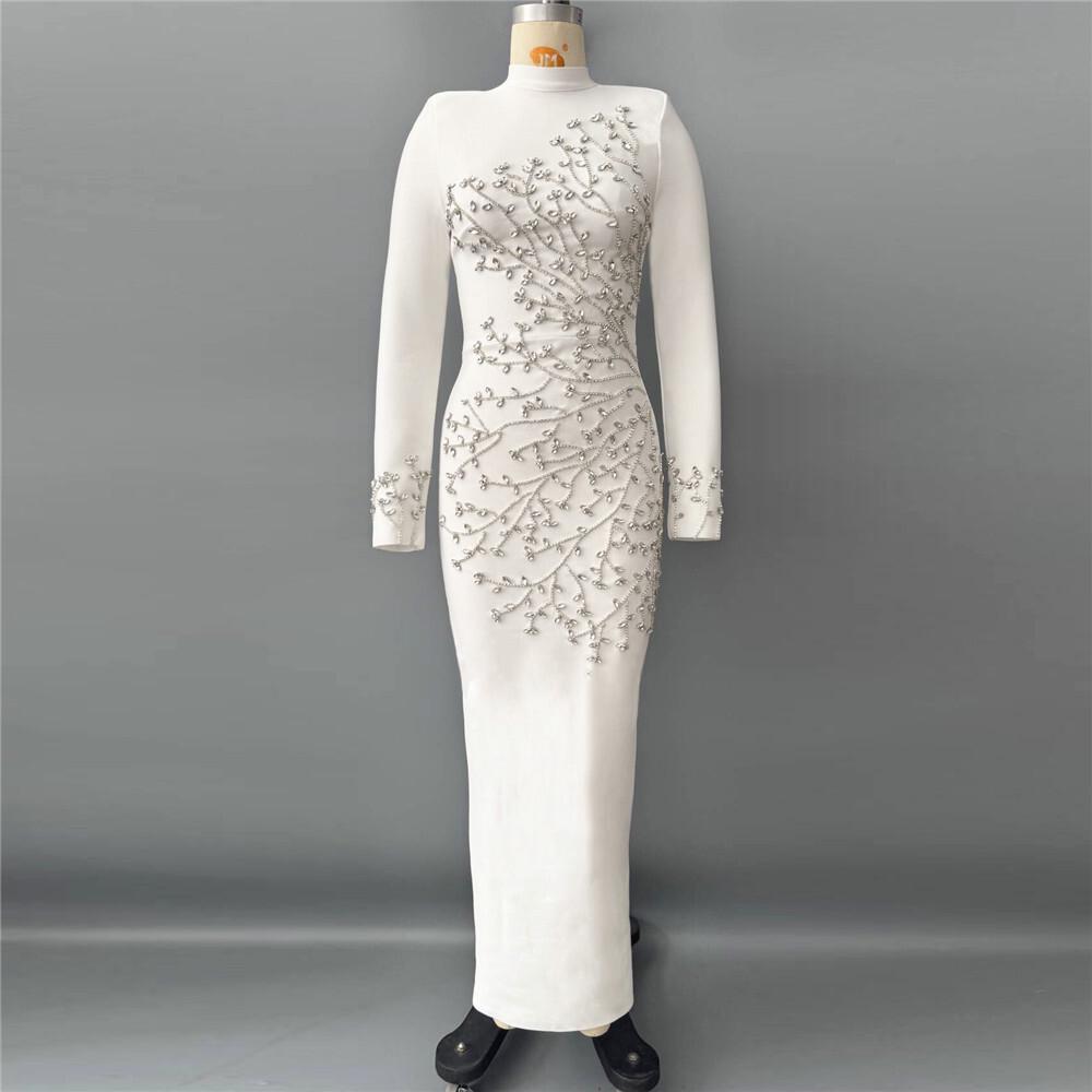 

European & American Rhinestone Bodycon Evening Gown - Long Sleeve, Slimming, Elegant Party Dress XL білий