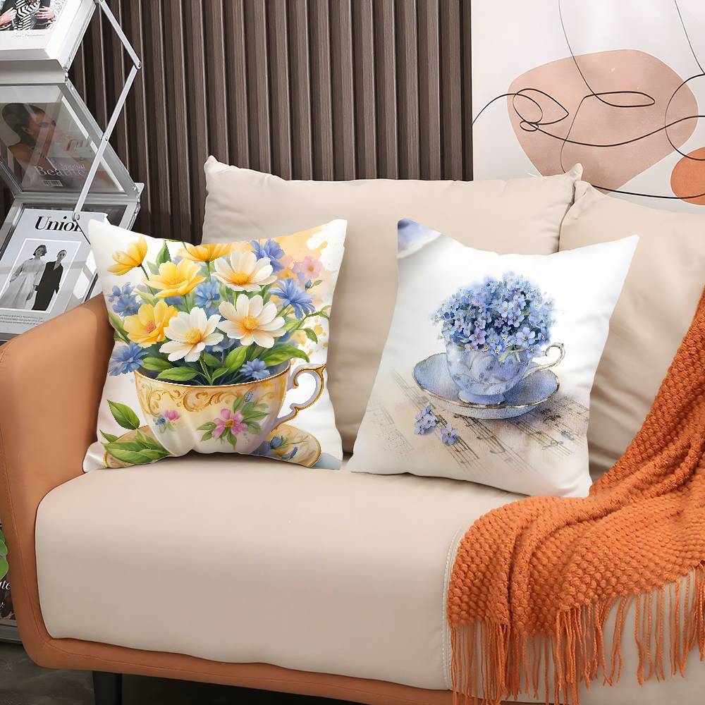 Painting Cup Of Flowers Pillow Case Soft Plush Fabric Double Sided Print Decorative Home Living Room Gift Cushion Cover