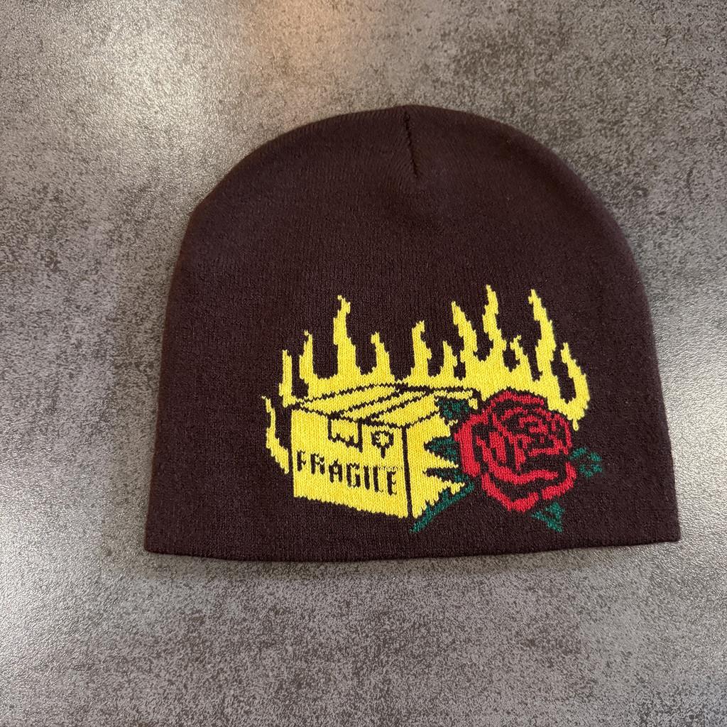 Knit Halloween Party Beanie With Flame Rose Pattern For Winter Outdoor Cycling