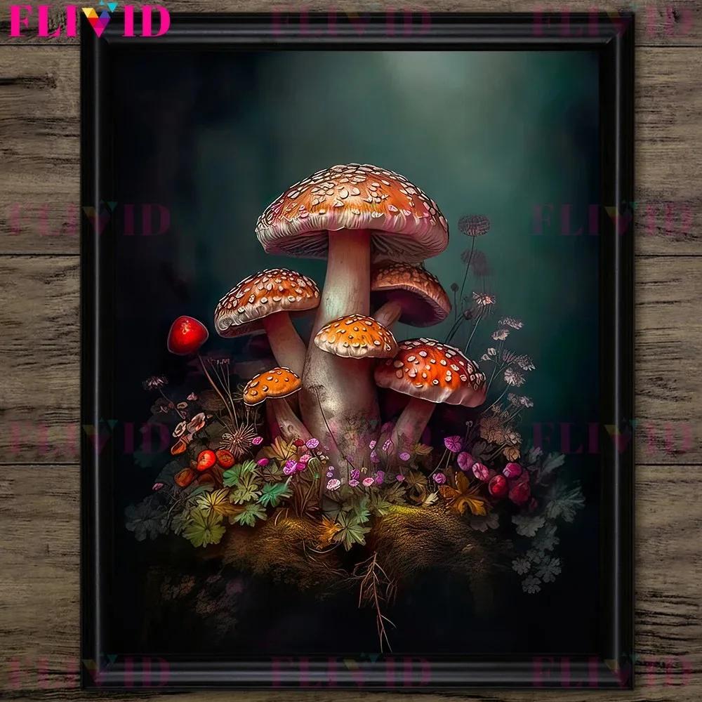 Dunkler Waldpilz und Vintage Rosa Rosen Vintage Wandkunst Druck Dunkel Botanisch Hexerei Gotischer Druck Wohnzimmer Dekoration