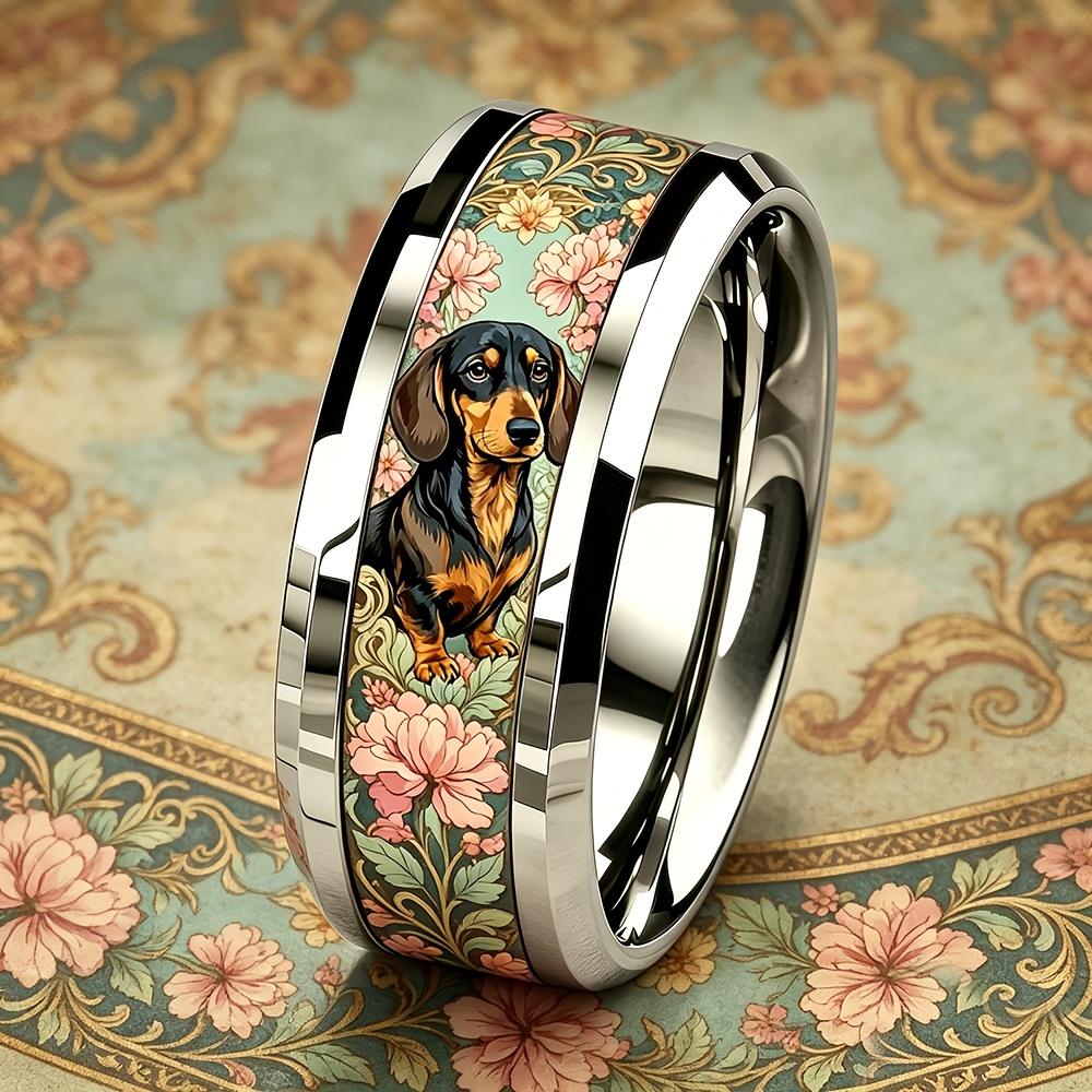 Cute Dachshund Dog Pink Floral Pattern Ring Fashion Men Stainless Steel Ring Cute Pet Daily Wear Stackable Ring Wedding Jewelry
