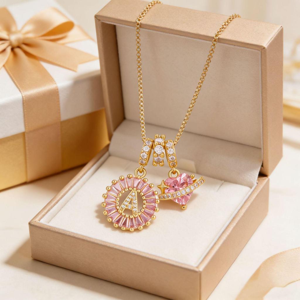 Pink Rock Candy 26-Letter Diamond Necklace with Gold-Plated Zircon and Round Flower Pendant