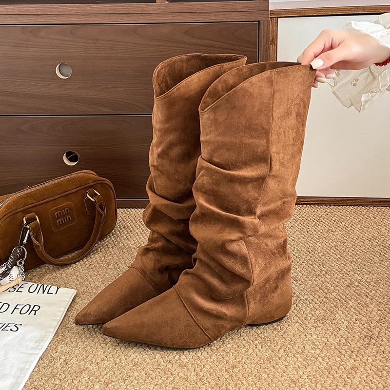 Winter Fashion Pleated Woman Knee-High Boots Pointed Toe Internal Elevation Shoes Street Style Mordern Long Botas Mujer