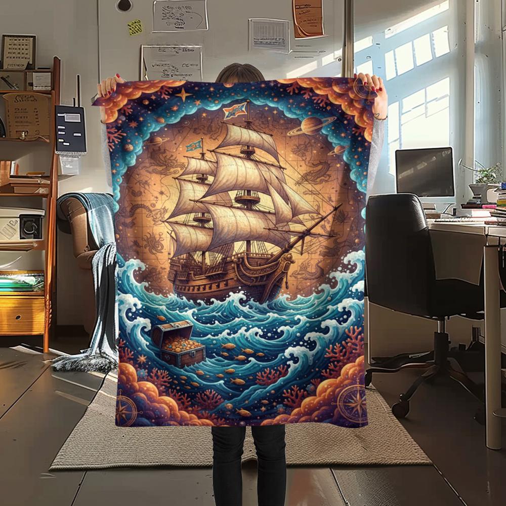 Colorful Starry Sky Sailing Print Flannel Blanket,High quality Comfortable for All Seasons,Home Decor,Warmth and Comfort,Perfect for Christmas Gifts